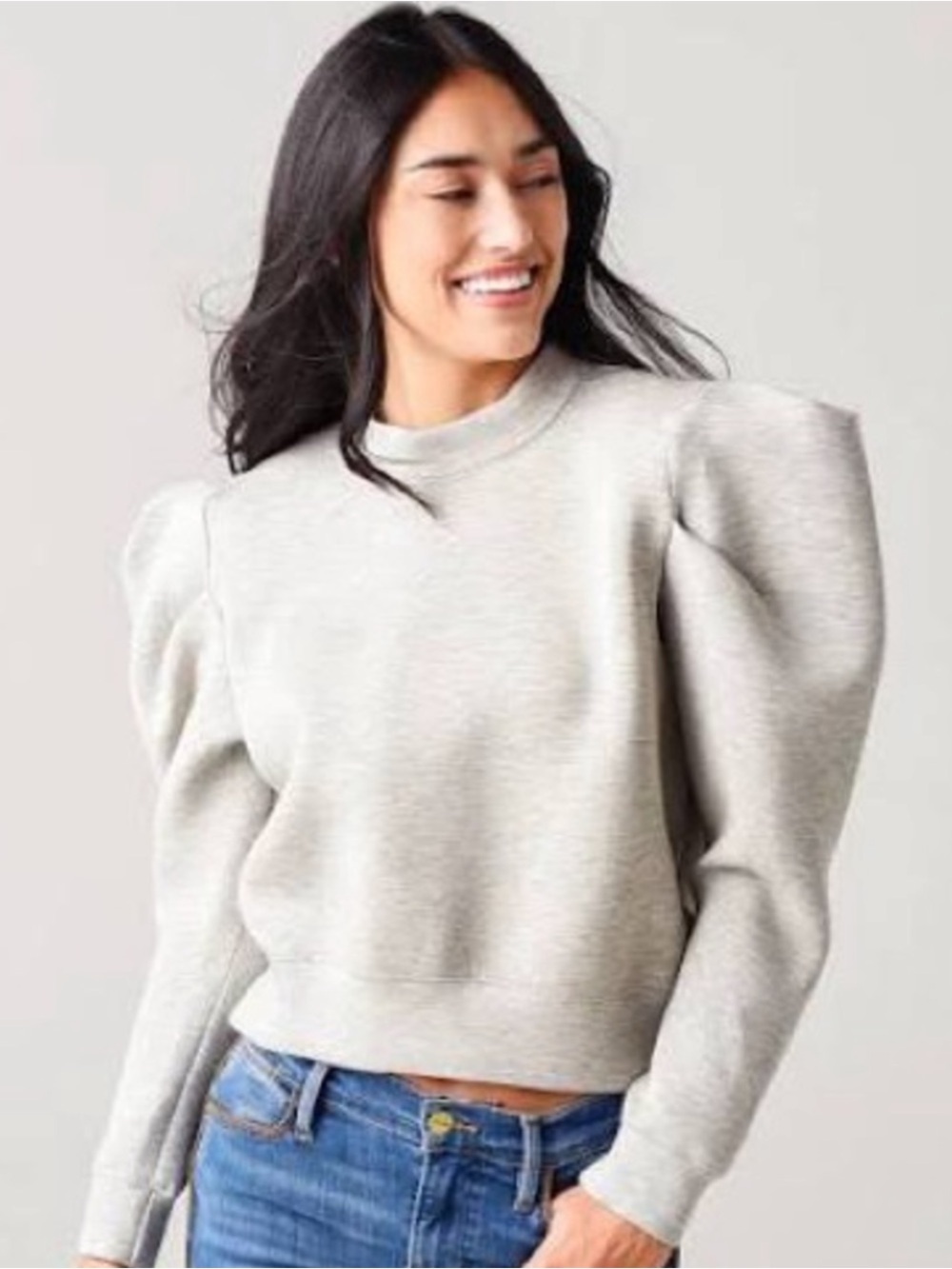Hunter Bell Puff Sleeve Sweatshirt Heather Gray Crewneck Scuba Knit Size Small